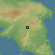 Shaded relief of the 54 km around Vrilíssia, drawn from the GMTED2010 grid