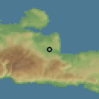 Shaded relief of the 55 km around Vríses, drawn from the GMTED2010 grid
