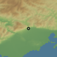 Shaded relief of the 53 km around Xánthi, drawn from the GMTED2010 grid