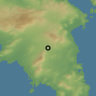 Shaded relief of the 54 km around Yérakas, drawn from the GMTED2010 grid