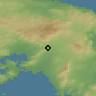 Shaded relief of the 54 km around Zefírion, drawn from the GMTED2010 grid
