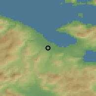 Shaded relief of the 54 km around Zeugolatíon, drawn from the GMTED2010 grid