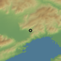 Shaded relief of the 53 km around Zigós, drawn from the GMTED2010 grid