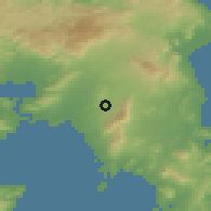 Shaded relief of the 54 km around Zográfos, drawn from the GMTED2010 grid