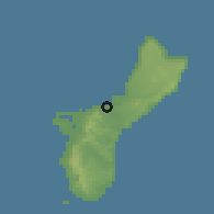 Shaded relief of the 60 km around Agana, drawn from the GMTED2010 grid