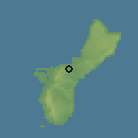 Shaded relief of the 60 km around Sinajana, drawn from the GMTED2010 grid