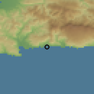 Shaded relief of the 59 km around Cayes-de-Jacmel, drawn from the GMTED2010 grid