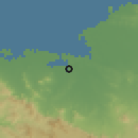 Shaded relief of the 59 km around Dérac, drawn from the GMTED2010 grid