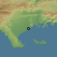 Shaded relief of the 59 km around Les Cayes, drawn from the GMTED2010 grid