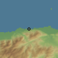 Shaded relief of the 59 km around Corozal, drawn from the GMTED2010 grid
