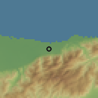 Shaded relief of the 59 km around El Pino, drawn from the GMTED2010 grid