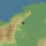 Shaded relief of the 59 km around El Rancho, drawn from the GMTED2010 grid