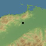 Shaded relief of the 59 km around La Brea, drawn from the GMTED2010 grid