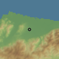 Shaded relief of the 59 km around La Masica, drawn from the GMTED2010 grid