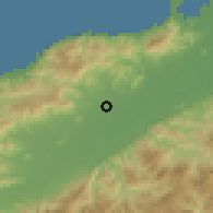 Shaded relief of the 59 km around Rigores, drawn from the GMTED2010 grid