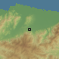 Shaded relief of the 59 km around Siempre Viva, drawn from the GMTED2010 grid