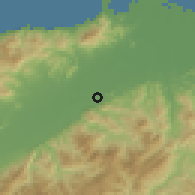 Shaded relief of the 59 km around Taujica, drawn from the GMTED2010 grid