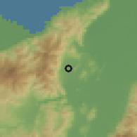 Shaded relief of the 59 km around Colonia Buenos Aires, drawn from the GMTED2010 grid
