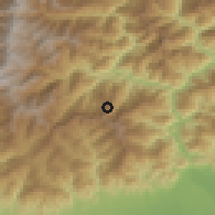 Shaded relief of the 57 km around Dārjiling, drawn from the GMTED2010 grid