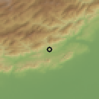 Shaded relief of the 57 km around Itānagar, drawn from the GMTED2010 grid