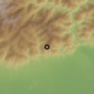 Shaded relief of the 57 km around Kārsiyāng, drawn from the GMTED2010 grid
