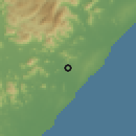 Shaded relief of the 59 km around Palāsa, drawn from the GMTED2010 grid