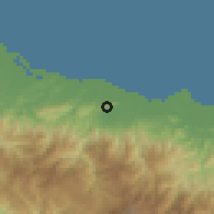 Shaded relief of the 60 km around Dewantara, drawn from the GMTED2010 grid