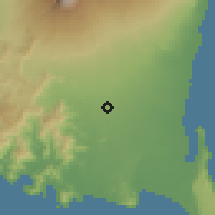 Shaded relief of the 60 km around Gambiran, drawn from the GMTED2010 grid