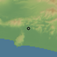 Shaded relief of the 60 km around Gombong, drawn from the GMTED2010 grid