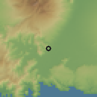 Shaded relief of the 60 km around Gondang, drawn from the GMTED2010 grid