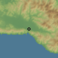 Shaded relief of the 60 km around Gorontalo, drawn from the GMTED2010 grid