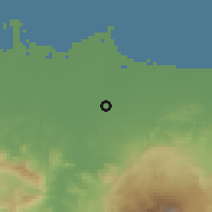 Shaded relief of the 60 km around Jatibarang, drawn from the GMTED2010 grid