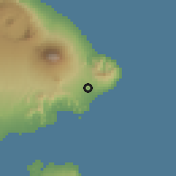 Shaded relief of the 60 km around Karangasem, drawn from the GMTED2010 grid
