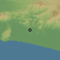 Shaded relief of the 60 km around Kebumen, drawn from the GMTED2010 grid