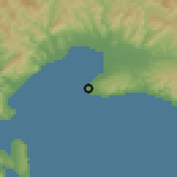 Shaded relief of the 60 km around Amahai, drawn from the GMTED2010 grid