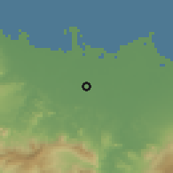 Shaded relief of the 60 km around Kersana, drawn from the GMTED2010 grid