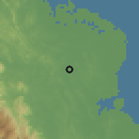 Shaded relief of the 60 km around Kuala Simpang, drawn from the GMTED2010 grid