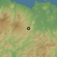 Shaded relief of the 60 km around Labu Api, drawn from the GMTED2010 grid