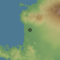Shaded relief of the 60 km around Mataram, drawn from the GMTED2010 grid