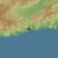 Shaded relief of the 60 km around Mobagu, drawn from the GMTED2010 grid