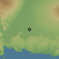 Shaded relief of the 60 km around Ngunut, drawn from the GMTED2010 grid
