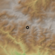 Shaded relief of the 60 km around Obaa, drawn from the GMTED2010 grid