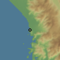 Shaded relief of the 60 km around Padang, drawn from the GMTED2010 grid