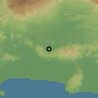 Shaded relief of the 60 km around Banyumas, drawn from the GMTED2010 grid
