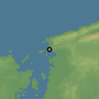 Shaded relief of the 60 km around Sorong, drawn from the GMTED2010 grid