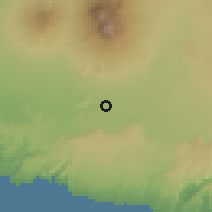Shaded relief of the 60 km around Sumber Pucung, drawn from the GMTED2010 grid