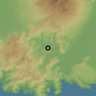 Shaded relief of the 60 km around Trenggalek, drawn from the GMTED2010 grid