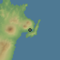 Shaded relief of the 60 km around Bitung, drawn from the GMTED2010 grid