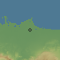 Shaded relief of the 60 km around Brebes, drawn from the GMTED2010 grid