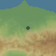 Shaded relief of the 60 km around Buaran, drawn from the GMTED2010 grid